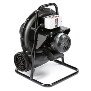 The Lincoln Prism Direct Exhaust Fan (115V) K1666-3 is a black industrial model with a metal frame, round fan housing, electronic control box, vent, sturdy rubber feet, and a cylindrical air outlet delivering up to 765 CFM airflow.