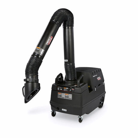 The Lincoln Prism Mobile w 10 ft Arm, MERV 14 Filter, and Arc Sensor/Lamp Kit (Pkg. K4259-3) is a mobile black fume extractor with wheels, control panels, and a flexible hose—ideal for industrial air purification or welding fumes.