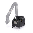 The Lincoln Prism Mobile w/ MERV 14 Filter Welding Fume Extractor Base Unit K1653-4 features a flexible, extendable hose, wheeled base, control switches, warning labels, easy-move handles, and a high-efficiency MERV 14 filter for welding fume extraction.