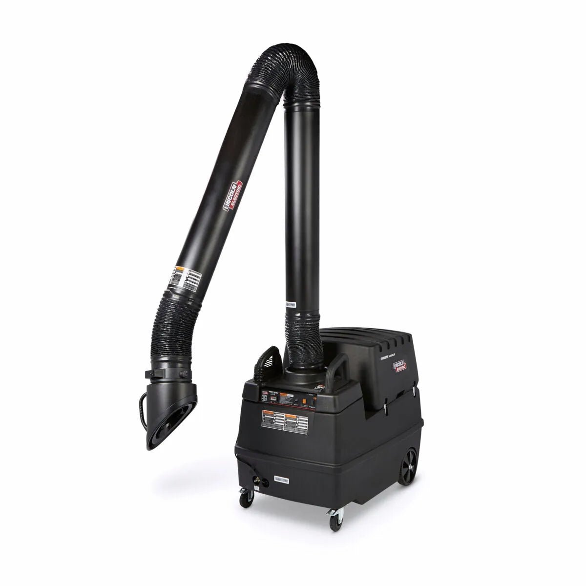 The Lincoln Prism Mobile w/ MERV 14 Filter Welding Fume Extractor Base Unit K1653-4 is black, features a large flexible extraction arm, wheels for mobility, control panels, and warning labels. Shown on a pure white background.