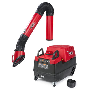 The Lincoln Prism Mobile with 10 ft. Arm, MERV 14 Filter One-Pak K4259-2 is a red and black wheeled fume extractor with a flexible extendable hose and wide nozzle, control panels, handles, and coiled MERV 14 filter for industrial air filtration.