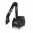 The Lincoln Prism Mobile with 10 ft. Arm, MERV 16 filter, arc sensor, and lamp kit (One-Pak K4259-7) is a black mobile welding fume extractor on four wheels with extendable hose, control panel, warning stickers, and branded label for clean air.