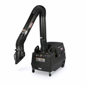 The Lincoln Prism Mobile with 10 ft. Arm, MERV 16 Filter One-Pak K4259-6 is a black, wheeled mobile fume extractor featuring a flexible hose with oval intake nozzle, control panels, warning labels, and branding—ideal for welding fume extraction.