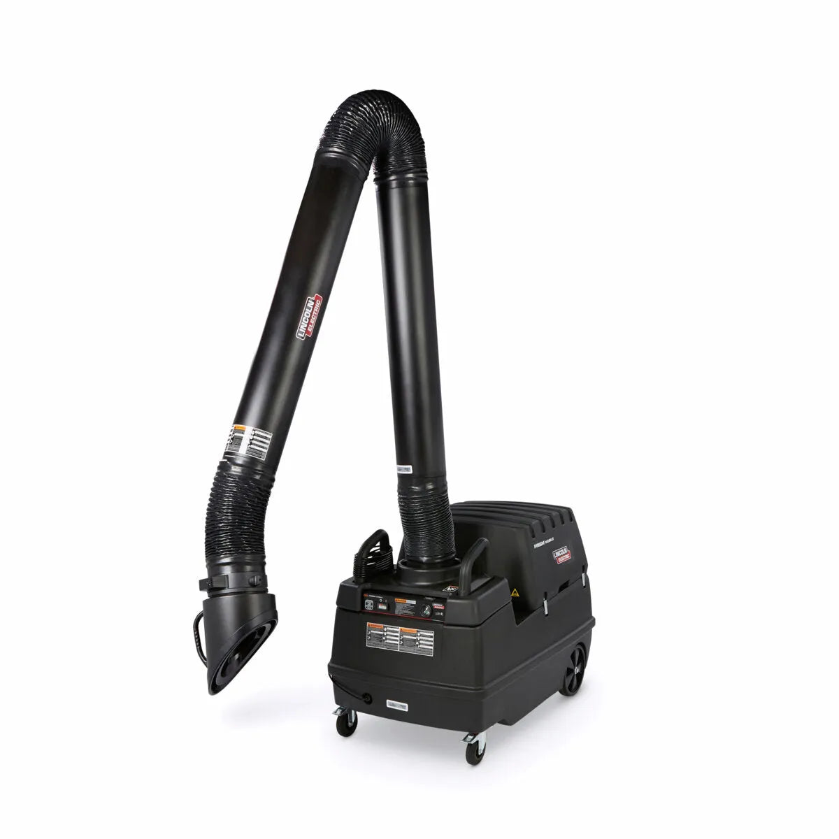 The Lincoln Prism Mobile (K4259-5) is a black wheeled fume extractor with a 13 ft. flexible arm, MERV 14 filter, control panels, handles, vents, and an arc sensor/lamp kit for efficient welding fume removal.