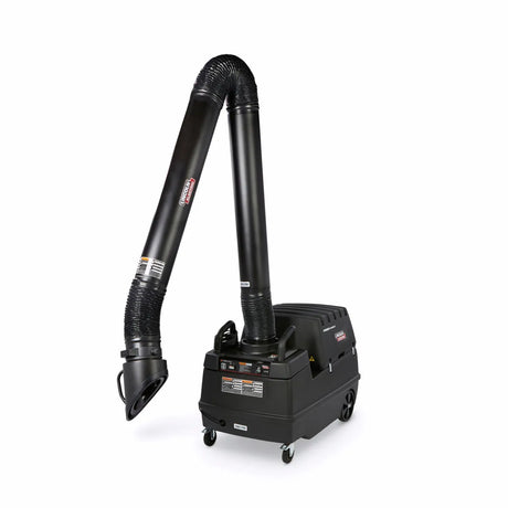 The Lincoln Prism Mobile (K4259-5) is a black wheeled fume extractor with a 13 ft. flexible arm, MERV 14 filter, control panels, handles, vents, and an arc sensor/lamp kit for efficient welding fume removal.