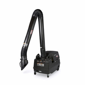 The Lincoln Prism Mobile with 13 ft. Arm, MERV 14 Filter One-Pak K4259-4 is a wheeled fume extractor featuring a flexible hose with wide nozzle, visible control panels, and a MERV 14 filter for efficient welding fume filtration.