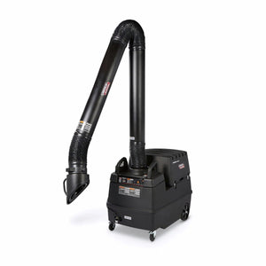 The Lincoln Prism Mobile with 13 ft. Arm, MERV 14 Filter One-Pak K4259-4 is a black wheeled fume extractor with a flexible hose and nozzle for efficient welding fume extraction, featuring control buttons and handles on the base against a white background.