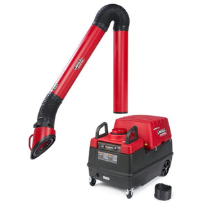 The Lincoln Prism Mobile with 13 ft. Arm, MERV 14 Filter One-Pak K4259-4 is a red/black wheeled fume extractor for welding, featuring handles, control buttons, warning labels, a flexible hose with wide nozzle, and an additional coiled hose extension.