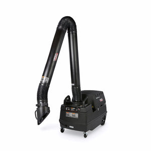 The Lincoln Prism Mobile with 13-ft. arm, MERV 16 filter (Pkg. K4259-8), is a wheeled fume extractor with an extendable hose and hooded nozzle, control panels, warning labels, and efficient industrial air purification.