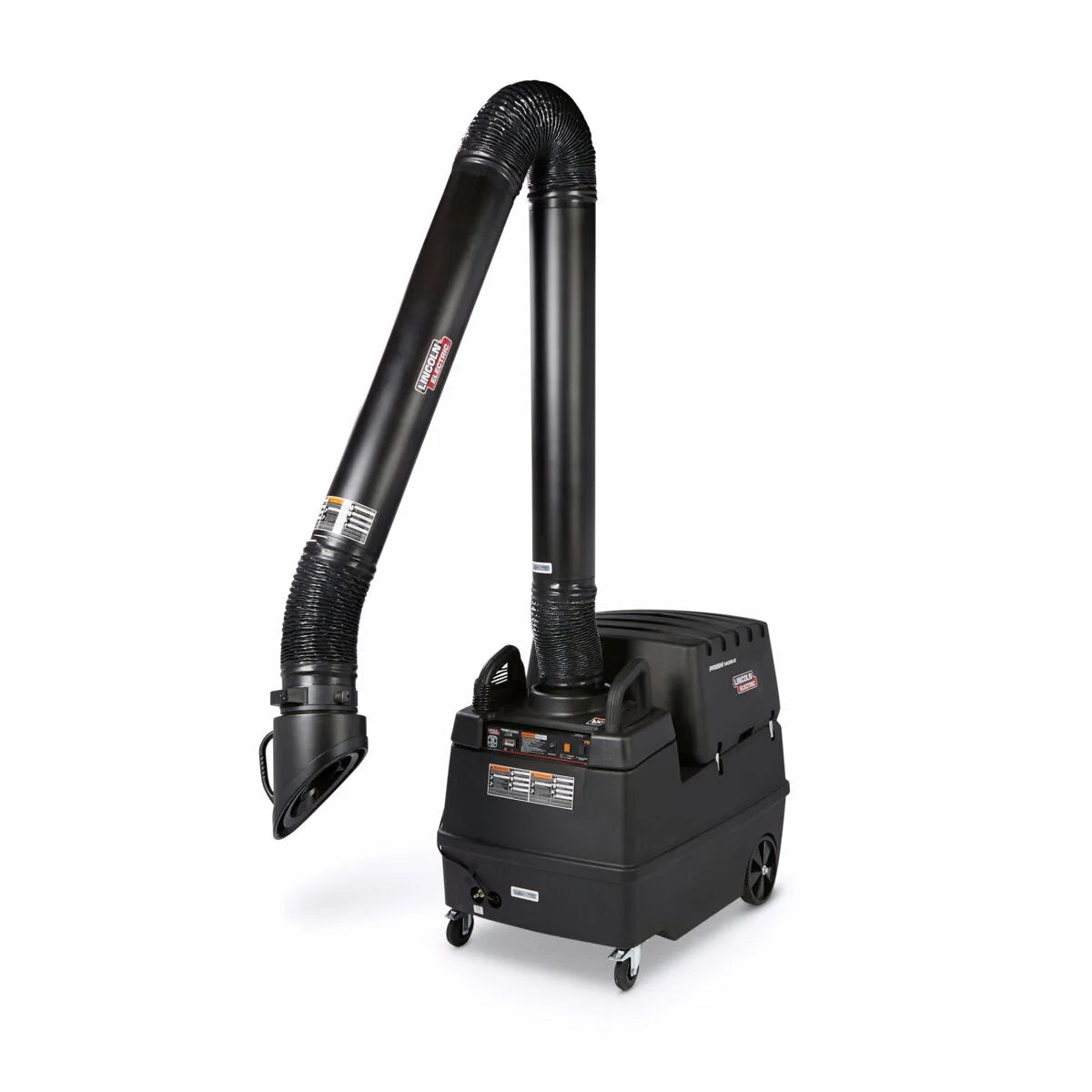 The Lincoln Prism Mobile with Mechanized Cleaning 13 ft MERV 16 Arc Sensor/Lamp Kit One-Pak (K4384-8) is a black, wheeled welding fume extractor with a flexible hose and nozzle, control panel, and advanced air filtration. Shown against a white background.