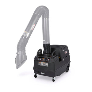 The Lincoln Prism Mobile K1653-5 is a portable black welding fume extractor with wheels, an upward-flexing hose arm, wide capture nozzle, safety controls, and labels. It includes a high-efficiency MERV 16 filter for effective fume removal.