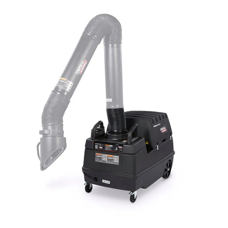 The Lincoln Prism Mobile K1653-5 is a portable black welding fume extractor with wheels, an upward-flexing hose arm, wide capture nozzle, safety controls, and labels. It includes a high-efficiency MERV 16 filter for effective fume removal.