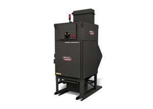 The Lincoln Prism® Compact (5 HP 2400 CFM) AD2455-7 is a large, black industrial fume extraction unit with logos, control panel, red emergency light, and vents. It features 4 vertical filters, inlet down design, and thermal protection. Shown on a plain white background.