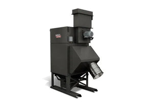 The Lincoln Prism® Compact (5 HP 2400 CFM) fume extraction unit features 4 vertical filters, inlet down design, thermal protection, a robust metal frame, front cylindrical duct, and vented motorized section for efficient industrial fume removal.