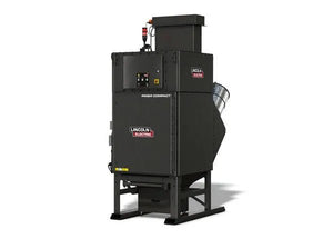 A large, black Lincoln Prism® Compact (5 HP 2400 CFM) AD2455-3 fume extraction unit with 4 vertical filters, inlet up, thermal protection, control buttons, vent pipe, and metal legs stands against a plain white background.