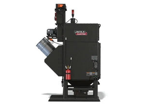 The Lincoln Prism® Compact (5 HP 2400 CFM) Fume Extraction Unit, labeled AD2455-3, is a large black industrial machine with four legs, a side cylindrical drum, control panel, and red fire extinguisher for thermal protection.