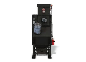 The Lincoln Prism® Compact (5 HP 2400 CFM) AD2455-3 is a robust fume extraction unit with 4 vertical filters, inlet up, thermal protection, vented duct, control boxes, collection bin, and sturdy metal legs against a white background.
