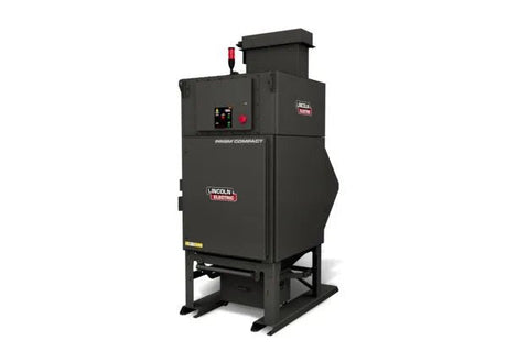 A large, industrial gray Lincoln Prism® Compact Outdoor (5 HP 2400 CFM) AD2455-9 fume extraction unit with 4 vertical filters and inlet up stands on a black base, designed for heavy-duty applications.