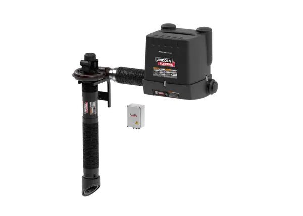 The Lincoln Prism Single Arm Wall Mount with MERV 14 Filter and Arc Sensor/Lamp Kit (K4261-7) features a telescoping 5 ft. arm, wall-mount design, labels, and control box for effective welding fume extraction applications.