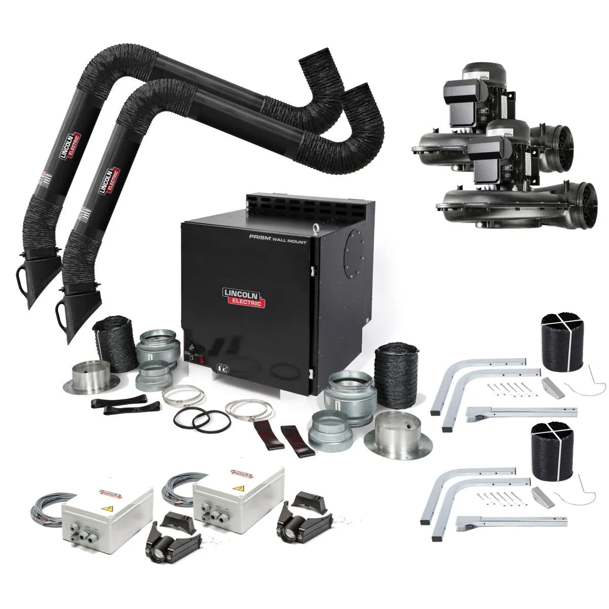 Featured is the Lincoln Prism Wall Mount Mechanized Cleaning One Pak with Dual 10 ft. Arms and Arc Sensor (K4468-7)—a complete commercial ventilation system kit ideal for efficient welding fume extraction.