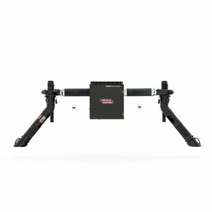 A black, rectangular Lincoln Prism Wall Mount Mechanized Cleaning One Pak (Starter K4468-14) with dual telescopic 5-8 ft. arms features a central control box, designed for welding fume extraction, shown against a plain white background.