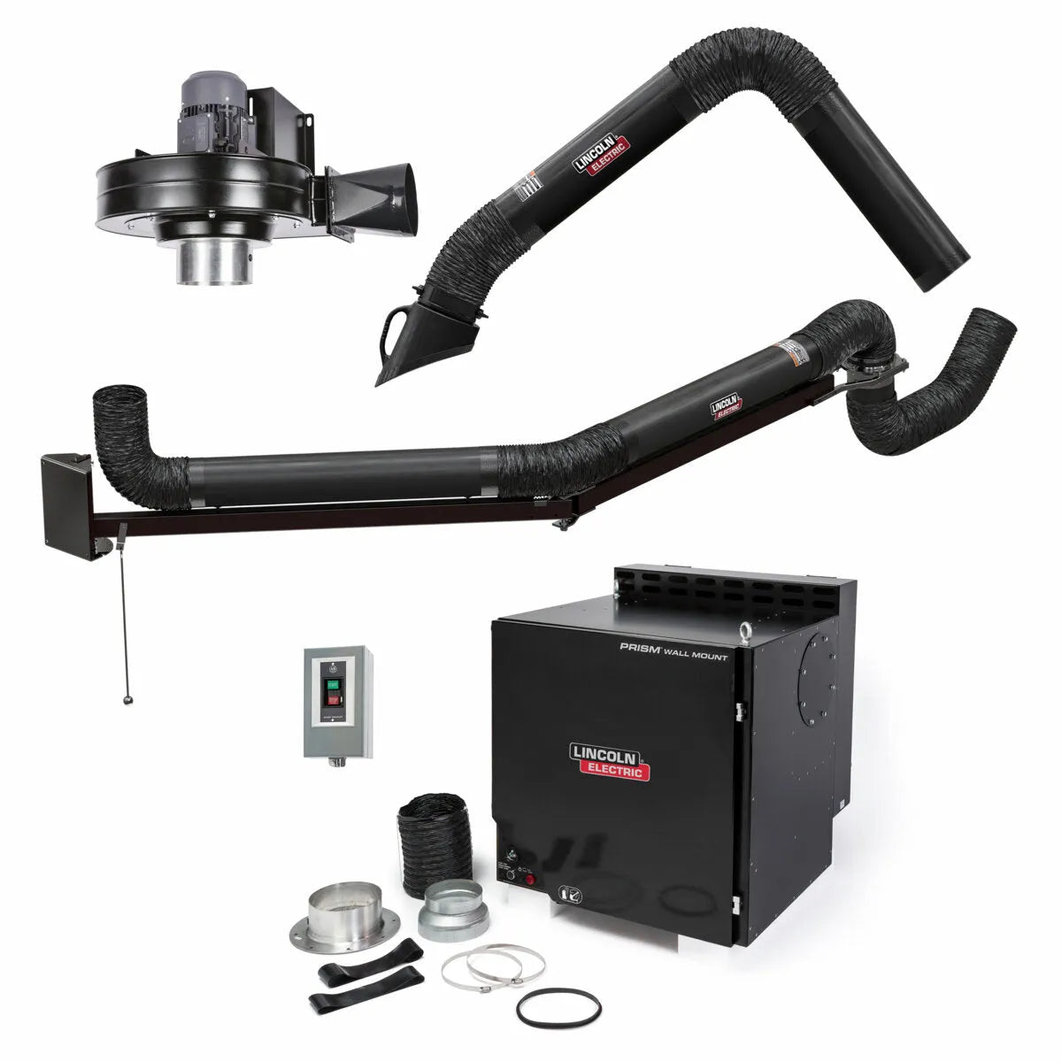 The Lincoln Prism Wall Mount Mechanized Cleaning One Pak (K4468-3) features a single 10 ft. arm, 14 ft. extension, starter kit, blower, self-cleaning filter, mounting hardware & control box—ideal for industrial welding fume extraction.