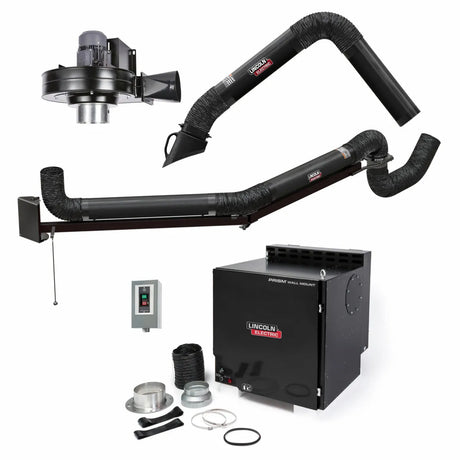 The Lincoln Prism Wall Mount Mechanized Cleaning One Pak (K4468-3) features a single 10 ft. arm, 14 ft. extension, starter kit, blower, self-cleaning filter, mounting hardware & control box—ideal for industrial welding fume extraction.