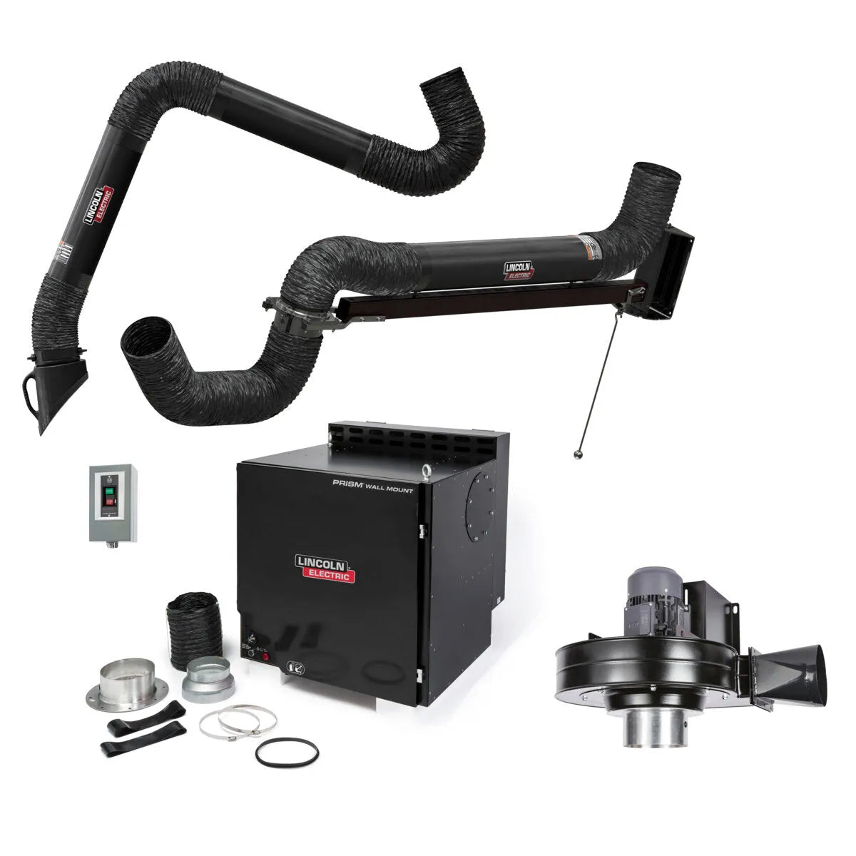 A Lincoln Prism Wall Mount Mechanized Cleaning One Pak (K4468-2) with a single 10 ft. arm, 7 ft. extension, flexible hoses, self-cleaning filter, blower, and control panel is shown on a white background.