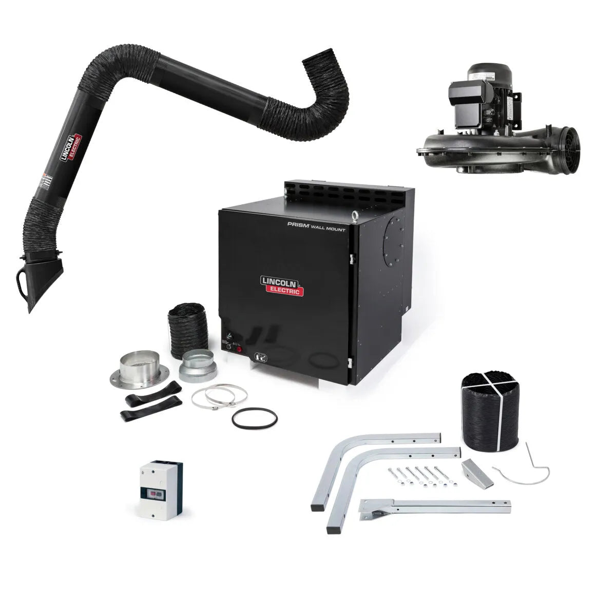 Lincoln Prism Wall Mount Welding Fume Extractor K4468-5 with 10 ft hose, self-cleaning filter, and mounting kit on white background.