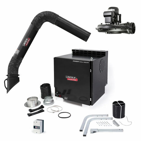 The Lincoln Prism Wall Mount Mechanized Cleaning One Pak, Starter K4468-1, with a single 10 ft. arm, includes a flexible hose, fan motor, brackets, metal fittings, wiring, remote control, and installation accessories on a white background.