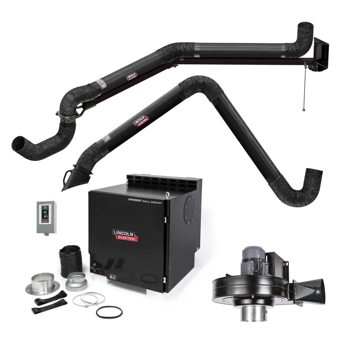 A Lincoln Prism Wall Mount Mechanized Cleaning One Pak (K4468-10) with a single 13 ft. arm, 14 ft. extension, control panel, hoses, clamps, circular adapters, self-cleaning filter unit, and separate fan is shown on a white background.