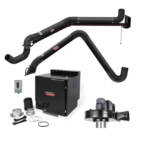 A Lincoln Prism Wall Mount Mechanized Cleaning One Pak (K4468-10) with a single 13 ft. arm, 14 ft. extension, control panel, hoses, clamps, circular adapters, self-cleaning filter unit, and separate fan is shown on a white background.