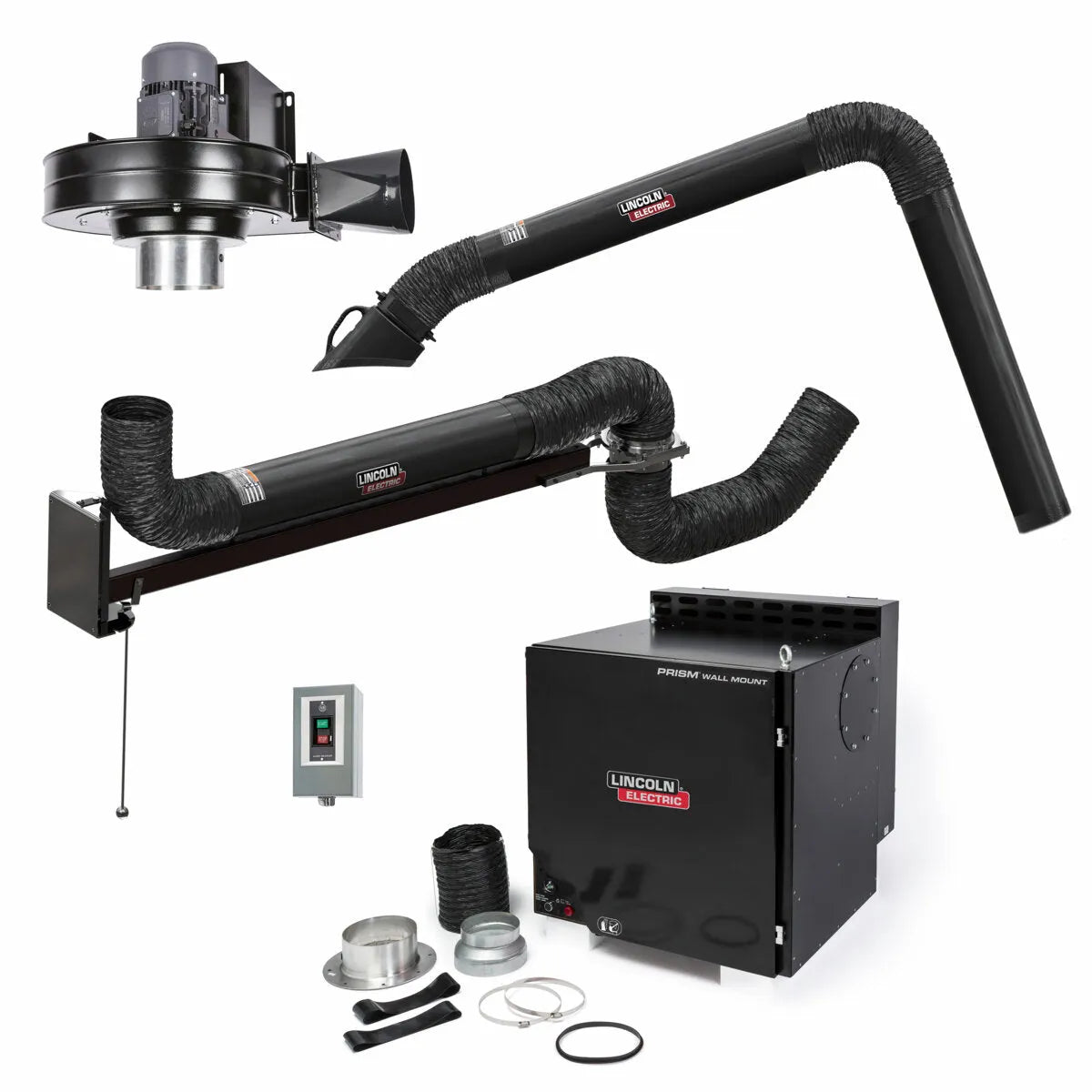 The Lincoln Prism Wall Mount Mechanized Cleaning One Pak (K4468-9) with a single 13 ft. arm, 7 ft. extension, and control panel is shown on a white background. It’s designed for efficient welding fume extraction and features self-cleaning filtration.