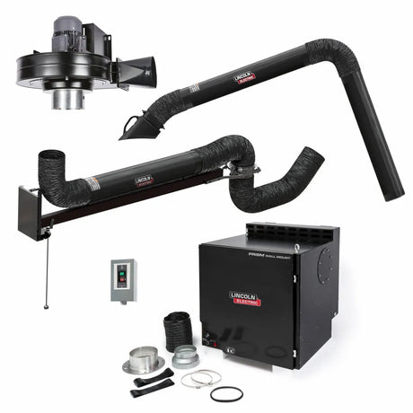 The Lincoln Prism Wall Mount Mechanized Cleaning One Pak (K4468-9) with a single 13 ft. arm, 7 ft. extension, and control panel is shown on a white background. It’s designed for efficient welding fume extraction and features self-cleaning filtration.