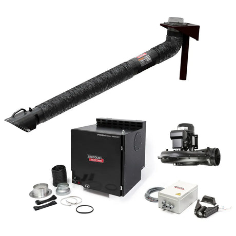 The Lincoln Prism Wall Mount Mechanized Cleaning One Pak with a single telescopic 5-8 ft. arm and arc sensor (K4468-15) is shown on a white background, featuring its distinctive black hose, control unit, fittings, and accessories.