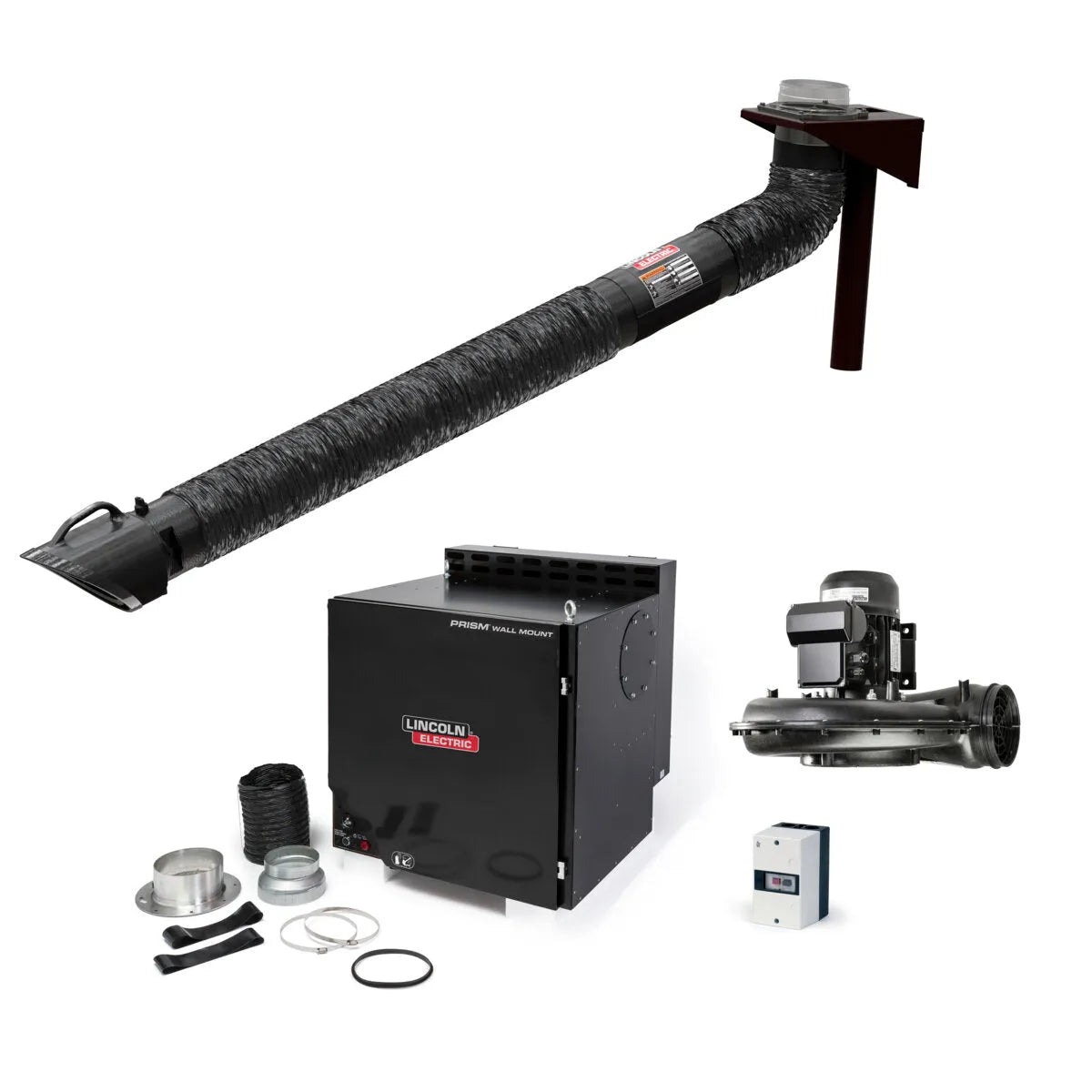 The Lincoln Prism Wall Mount Mechanized Cleaning One Pak (K4468-13) includes a single 5-8 ft. telescopic arm, flexible black hose, control box, metal duct parts, rings, cables, cylindrical blower motor, and control switch—all arranged separately.