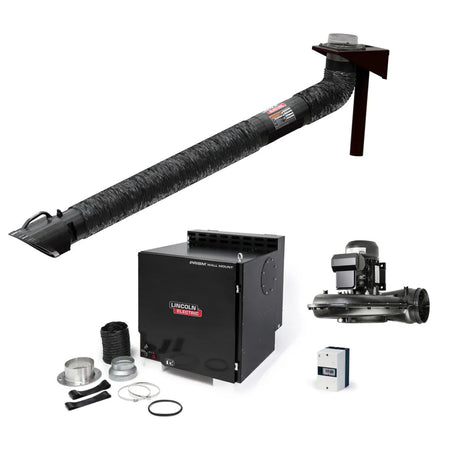 The Lincoln Prism Wall Mount Mechanized Cleaning One Pak (K4468-13) includes a single 5-8 ft. telescopic arm, flexible black hose, control box, metal duct parts, rings, cables, cylindrical blower motor, and control switch—all arranged separately.