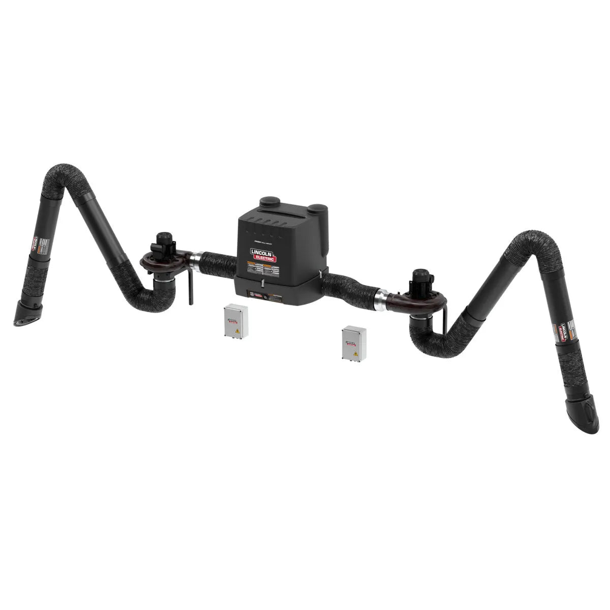 Lincoln Prism Wall Mount One Pak MERV 14 features dual 10-ft. flexible arms, an Arc Sensor K4261-12, and a control unit, resembling components of a fume extractor, all set against a white background.