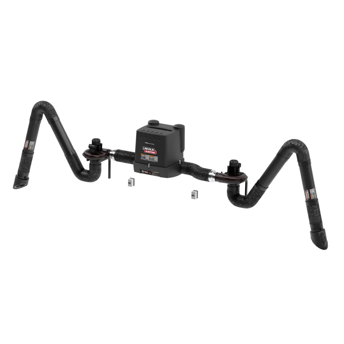 The Lincoln Prism Wall Mount One Pak MERV 14 (K4261-8) features a central unit with two flexible 10 ft. dual arms and silver components below, ideal for welding fume extraction, with starter/overload protection built in.