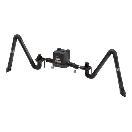 The Lincoln Prism Wall Mount One Pak MERV 14 (K4261-9) features a central black box with labels, two dual flexible 13 ft. insulated arms each with a nozzle and bent tip, and mounts securely to the wall on a metallic bracket for welding fume extraction.