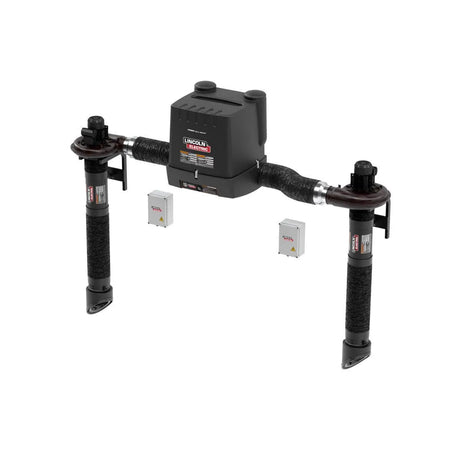 A Lincoln Prism Wall Mount One Pak MERV 14 with dual telescopic 4-6 ft. arms (K4261-19) is shown with two reel arms, hoses, and labels above two small accessory boxes on a plain white background.