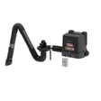 The Lincoln Prism Wall Mount One Pak MERV 14 (K4261-6) is a black fume extractor with a 10 ft. flexible arm, arc sensor, top control buttons, warning labels, MERV 14 filter, and a gray electrical control box—perfect for welding fume extraction.