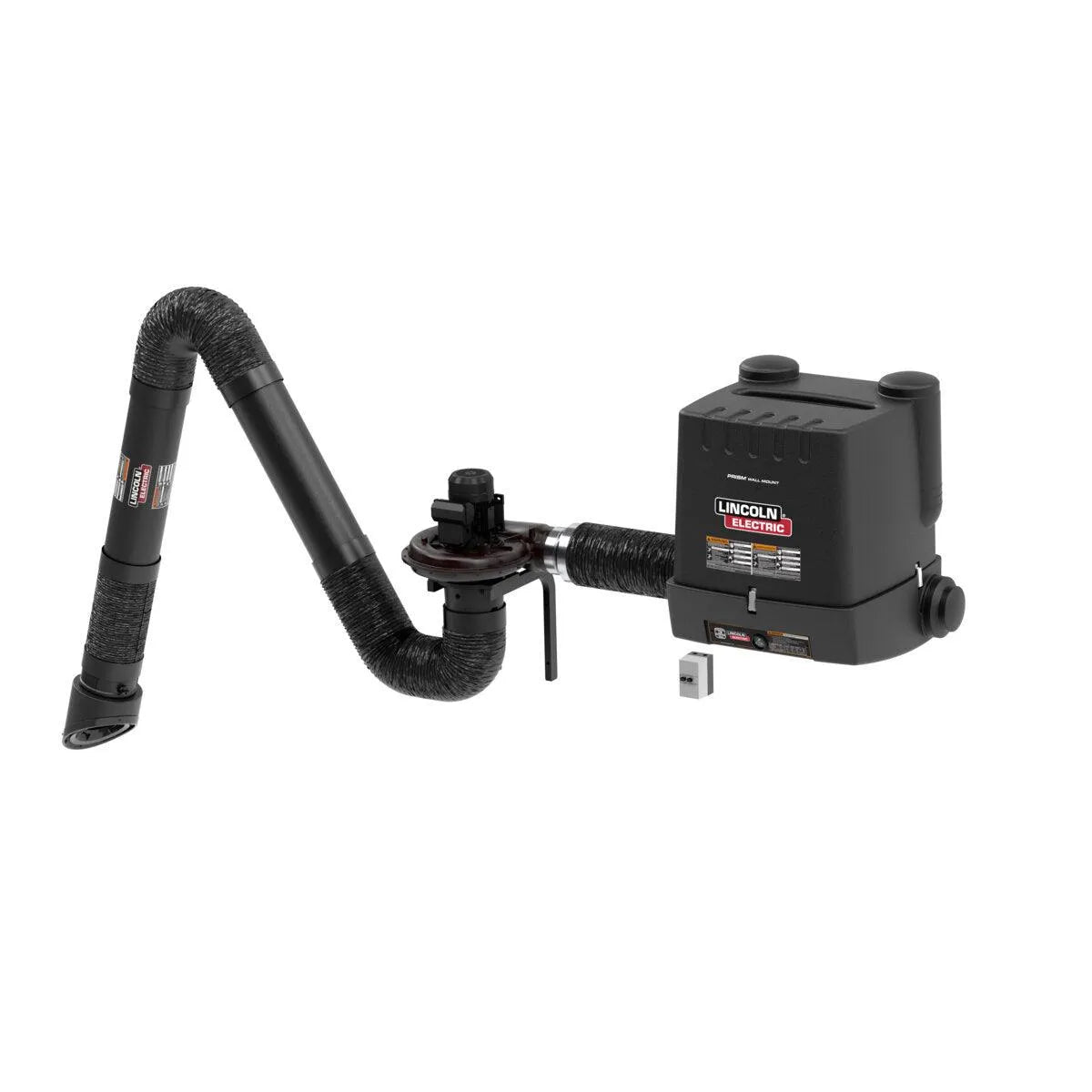 A Lincoln Prism Wall Mount One Pak MERV 14 (K4261-2) in black, with a single flexible 10 ft. arm and suction nozzle, features control buttons, indicator lights, front branding, and a compact rectangular unit; hose extended outward at an angle.
