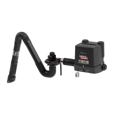 A Lincoln Prism Wall Mount One Pak MERV 14 (K4261-2) in black, with a single flexible 10 ft. arm and suction nozzle, features control buttons, indicator lights, front branding, and a compact rectangular unit; hose extended outward at an angle.