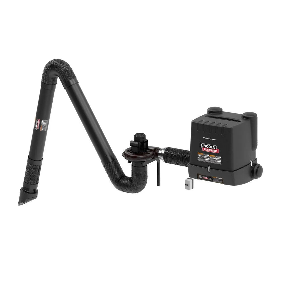The Lincoln Prism Wall Mount One Pak (K4261-14) is a black industrial fume extractor with a single 13 ft. flexible arm, arc sensor, control buttons, vents, and a MERV 14 filter for efficient localized smoke or fume removal.