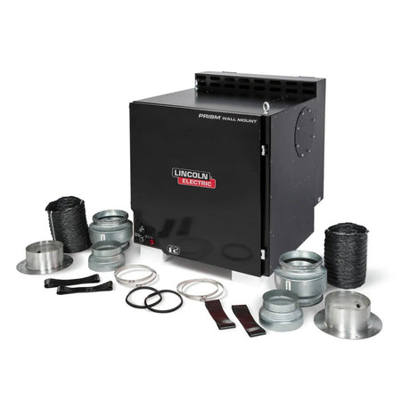 A Lincoln Prism Wall Mount with Mechanized Cleaning (MERV 16 filter, Dual Arm Base Unit, K3681-2) is shown with metal duct fittings, flexible hoses, black tubing coils, mounting plates, clamps, brackets, and gaskets on a white background.