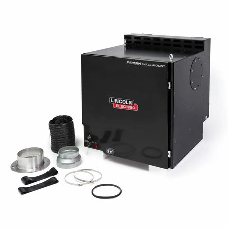 The Lincoln Prism Wall Mount with Mechanized Cleaning (K3681-1) is shown with accessories like metal fittings, rings, clamps, straps, and flexible tubing—ideal for welding fume extraction with a MERV 16 filter included.