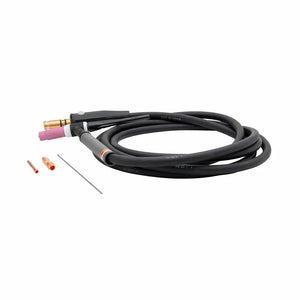 A coiled black Lincoln PTA-17 150amp TIG Torch K1782-17 hose with brass and pink connectors, plus three accessories—a copper nozzle, a small copper piece, and a thin metal rod—all compatible with the 180i MP Weld Pack K5257-1.
