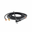 A black Lincoln PTA-17 TIG Torch with a long cable, featuring a gray handle, white tip, and brass connectors on one end, is coiled neatly on a white background. This air-cooled TIG torch is ideal for precision welding tasks.