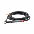 A black air-cooled TIG torch with a long, coiled hose and a brass connector, featuring a gray handle, white ceramic nozzle, and a flexible head for precise welding.